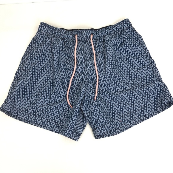 H&M Mens Blue Swim Trunks/Shorts Mesh Lining Pink Drawstring Pool Beach Vacation - Picture 1 of 8